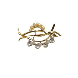 Clear Rhinestone Faux Pearl Beaded Open Leaf Brooch Pin Gold Tone Vintage